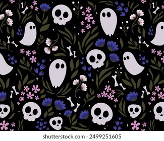 Seamless pattern Latin American style.Dead day party, sugar skull or halloween holiday.Traditional mexican music festival,fun bright dance vector characters.Halloween Dia De Los Muertos Celebration.