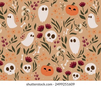 Seamless pattern Latin American style.Dead day party, sugar skull or halloween holiday.Traditional mexican music festival,fun bright dance vector characters.Halloween Dia De Los Muertos Celebration.