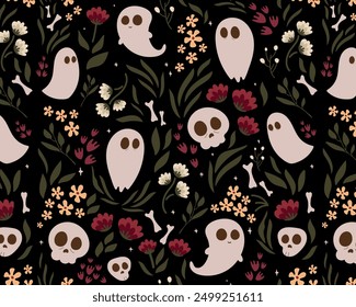 Seamless pattern Latin American style.Dead day party, sugar skull or halloween holiday.Traditional mexican music festival,fun bright dance vector characters.Halloween Dia De Los Muertos Celebration.