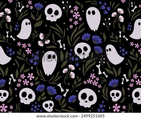 Seamless pattern Latin American style.Dead day party, sugar skull or halloween holiday.Traditional mexican music festival,fun bright dance vector characters.Halloween Dia De Los Muertos Celebration.