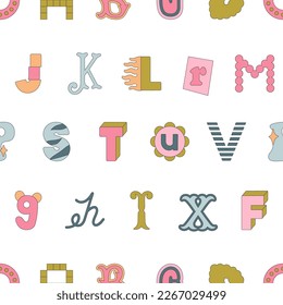 Seamless pattern with latin letters in different styles. Funny cartoon hand drawn style in modern colors. Preschool education, alphabet concept. Vector illustration. Ideal for print and fabric design.