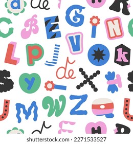 Seamless pattern with latin letters in different styles. Funny cartoon hand drawn style in modern colors. Preschool education, alphabet concept. Vector illustration. Ideal for print and fabric design.