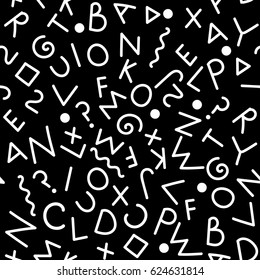 Seamless pattern with latin letters in style of memphis. Black and white background english alphabet. Vector illustration.