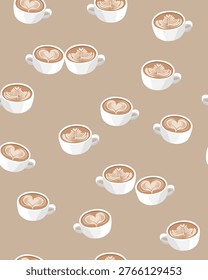 Seamless Pattern with Latte Art Coffee Cups, Heart and Rosette on Beige Background