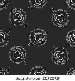 Seamless pattern with Latte Art on chalkboard background. White Cups. Vector illustration