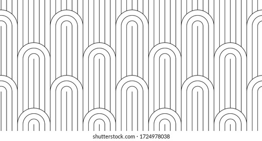 Seamless pattern of lattices from semicircles and straight thin lines on a white background, simple geo pattern, classic fabric print, seamless trellis background