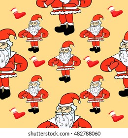 seamless pattern laughing Santa Claus with a bag of gifts on orange vector illustration