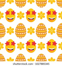 Seamless pattern of laughing smileys and dotted easter eggs with flowers
