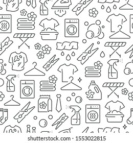 Seamless pattern with laundry. Black and white thin line icons