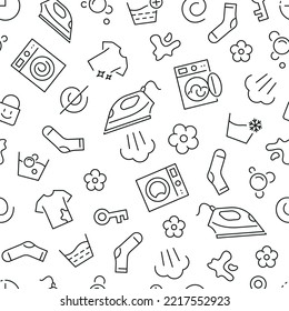 Seamless pattern with laundry. Black and white thin line icons