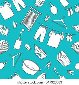 Seamless pattern with laundry icons vector. Blue and white illustration with accessories for washing and drying clothes. Home and professional laundry service. Decorative wallpaper, good for printing