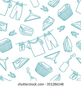 Seamless pattern with laundry icons vector. Blue and white illustration with accessories for washing and drying clothes. Home and professional laundry service. Decorative wallpaper, good for printing