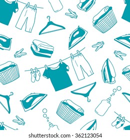 Seamless pattern with laundry icons vector. Blue and white illustration with accessories for washing and drying clothes. Home and professional laundry service. Decorative wallpaper, good for printing