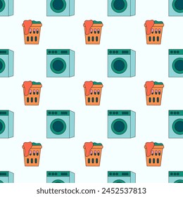 Seamless Pattern with Laundry Tools Elements. Washing machine, laundry basket with clothes. Vector Flat illustration.