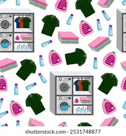 Seamless Pattern with Laundry Tools Elements. Washing machine, washing powder, stack of clothes. Vector Flat illustration. Shelves