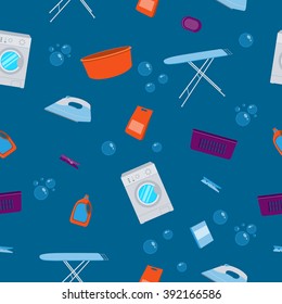 Seamless pattern laundry. Washing machine and laundry detergent. Vector illustration
