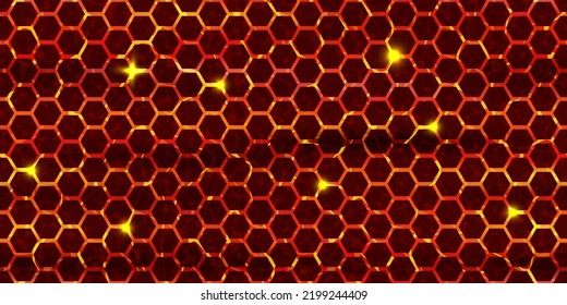 Seamless pattern of lava with cracked honeycomb ground texture. Hot magma surface top view. Broken crust with liquid flame. Abstract vector background. Volcanic molten stones. Volcano eruption