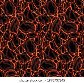 Patrón sin foco de lava con piedras. Magma de la roca fundida. Erupción con el terremoto. Desastre natural. Textura vectorial para telas, papel de envoltura y papel tapiz