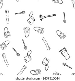 Seamless pattern of lavatory bowl, plugner, toilet paper, bucket and toilet brush icons isolated on white background. Vector seamless pattern with hand drawn doodle bathroom elements. Outline.