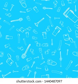 Seamless pattern of lavatory bowl, plugner, toilet paper, bucket and toilet brush icons isolated on blue background. Vector seamless pattern with hand drawn doodle bathroom elements. Outline.