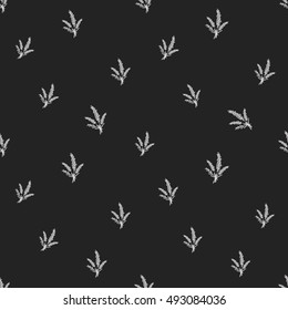 Seamless pattern with lavender bouquet. Decorative design for eco forest wedding or autumn celebrations. Rustic floral symbols and elements on black chalkboard.
