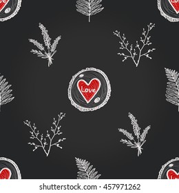 Seamless pattern with lavender bouquet, twigs, wood red heart, fern leaf. Background for eco forest wedding or autumn celebrations. Floral rustic symbols and elements in chalkboard hand drawing style.