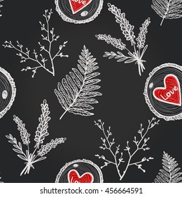 Seamless pattern with lavender bouquet, wood piece with red heart, fern leaf. Background for eco wedding or autumn celebrations. 