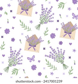 Seamless pattern with lavender bouquets and envelopes. Vector graphics.