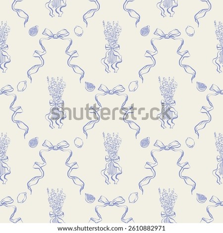 Seamless pattern with lavender bouquets, figs, lemons, and ribbons in vintage hand drawn style. Provence summer aesthetic for textile, wallpaper, packaging, card, invitation. Vector retro background