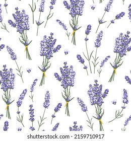 Patrón sin foco con ramos de lavanda y flores simples. Diseño herbal para tela, textil casero, papel envolvente.