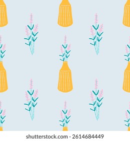 Seamless pattern with lavender bouquets in vases. Botanical colorful illustration. Pattern for textile, packing, wrapping paper