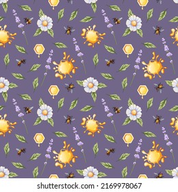 Patrón sin foco con rama de lavanda, gotas de miel, margaritas, abejas sobre un fondo oscuro. Textura para envolver papel, textil, papel pintado.