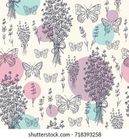 Seamless pattern with lavender and butterfly. Vector hand drawn illustration.