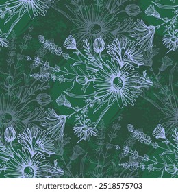 Seamless Pattern with lavender and chamomile. Color sketch style hand drawn background. Detailed illustration, hand drawn. Great for fabric and textile, prints, invitation, packaging