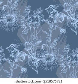 Padrão sem emenda com lavanda e camomila. Fundo desenhado à mão estilo de esboço de cor. Ilustração detalhada, desenhada à mão. Ótimo para tecido e têxtil, estampas, convite, embalagem