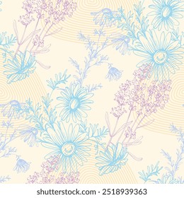 Padrão sem emenda com lavanda e camomila. Fundo desenhado à mão estilo de esboço de cor. Ilustração detalhada, desenhada à mão. Ótimo para tecido e têxtil, estampas, convite, embalagem