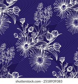 Seamless Pattern with lavender and chamomile. Color sketch style hand drawn background. Detailed illustration, hand drawn. Great for fabric and textile, prints, invitation, packaging