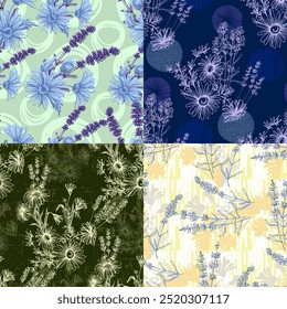 Seamless Pattern with lavender and chamomile. Color sketch style hand drawn background. Detailed illustration, hand drawn. Great for fabric and textile, prints, invitation, packaging