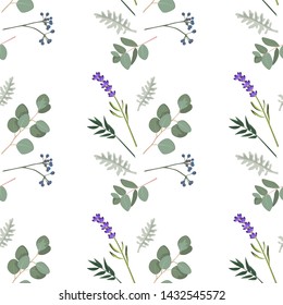 Seamless pattern with lavender, eucalyptus, greenery. Vintage floral background. Vector illustration