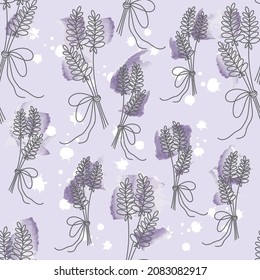 Seamless pattern with Lavender flower bouquets, pattern for fabric, paper and other printing and web projects, light violet art design, splashes of paint on background.