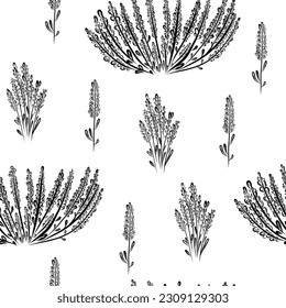 Seamless pattern with lavender flower and branch in hand drawn doodle style