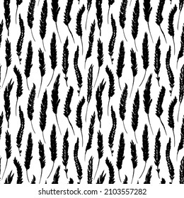 Seamless pattern of lavender flowers. Black abstract lavander silhouettes. Monochrome pattern with hand drawn plant stems. Brush painted plant stems, herbs, botanical motif. Background for design