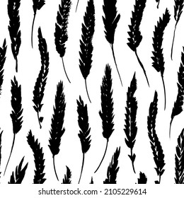 Nahtlose Muster von Lavendelblumen. Schwarze abstrakte Lavander-Silhouetten. Monochrome Muster mit handgezeichneten Pflanzenstämmen. Pinselfarbene Pflanzenstämme, Kräuter, botanisches Motiv. Hintergrund für das Design