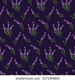 Seamless pattern with lavender flowers and blossom. Original, hand-drawn background. Floral pattern ideal for fabric, packaging or wallpaper. Flower LavandulaLavender. Summer herb pattern.