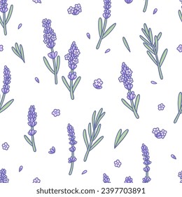 Patrón sin foco con flores de Lavender. Dibujo botánico de elegante procedencia con lavanda aromática de hierbas aromáticas. Diseño natural sobre fondo blanco. Ilustración del vector