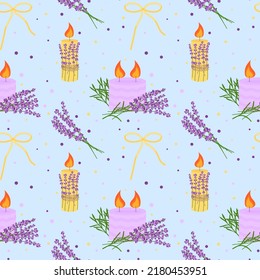 Seamless pattern with lavender flowers, candles with lavender. Floral pattern for tablecloth wallpaper, craft paper.Vector illustration