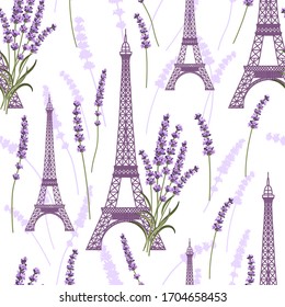 Seamless pattern with lavender flowers and eiffel towers. Vector illustration.