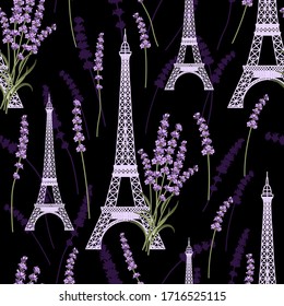 Seamless pattern with lavender flowers and eiffel towers. Vector illustration.