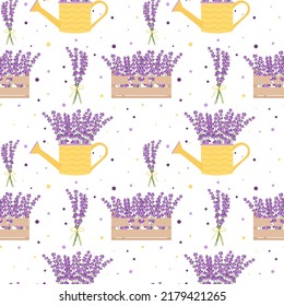 Seamless pattern with lavender flowers, flower boxes, flower bouquets. Floral seamless pattern. vector illustration isolated on white background