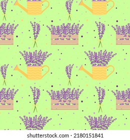 Seamless pattern with lavender flowers, flower boxes, flower bouquets. Floral seamless pattern. vector illustration on green background